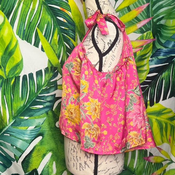 NWT Forever 21 L Pink Floral Satin Tie Strap Crop Cold Shoulder Feminine Blouse - Picture 4 of 12